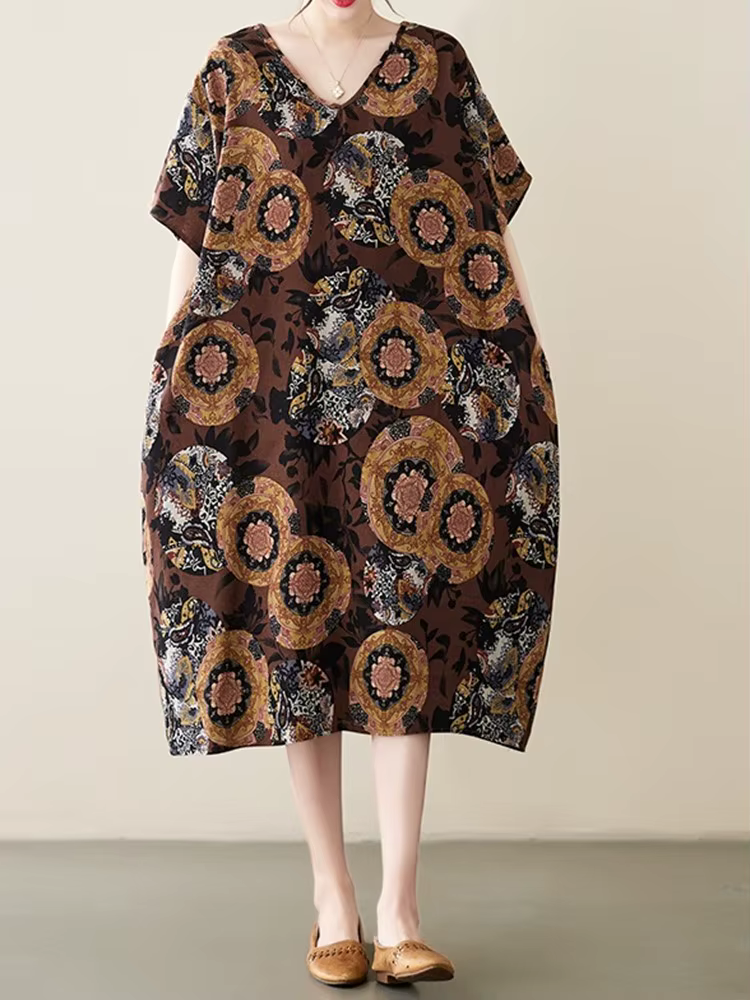 Manches courtes surdimensionné coton lin vintage robes florales pour les femmes décontracté ample lo