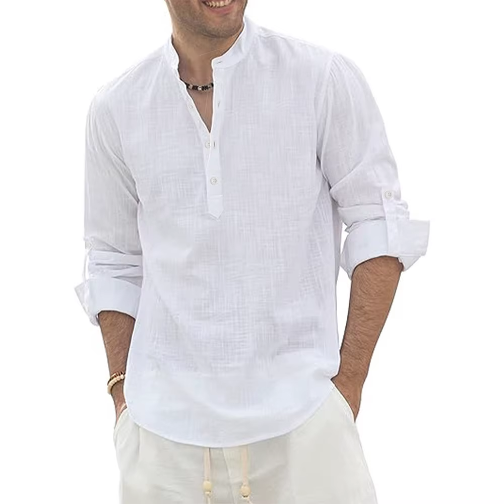 Polo à manches longues en coton et lin pour hommes, léger, col Henley, Style plage hawaïen, couleur 