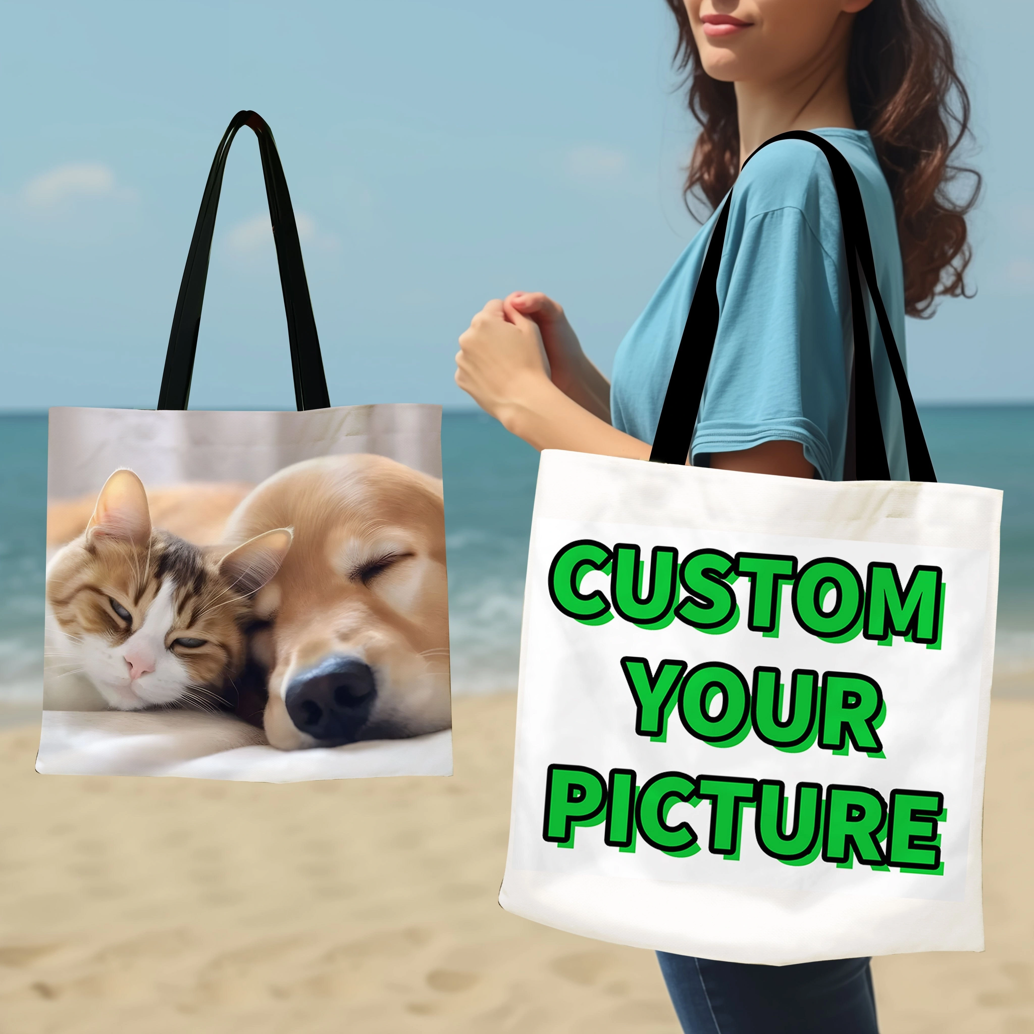 Sac fourre-tout en polyester personnalisé, sac à bandoulière pliable avec impression de photos perso