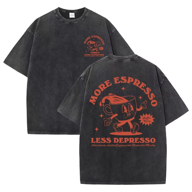 T-shirt « Plus d'Espresso, Moins de Dépresso » en Coton Lavé, Motif Café Amusant, Style Rétro Délavé