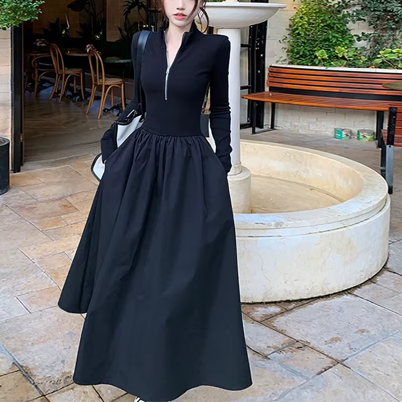 Robe à manches longues et col Polo pour femmes, nouveau Design, jupe longue trapèze noire, coupe cin