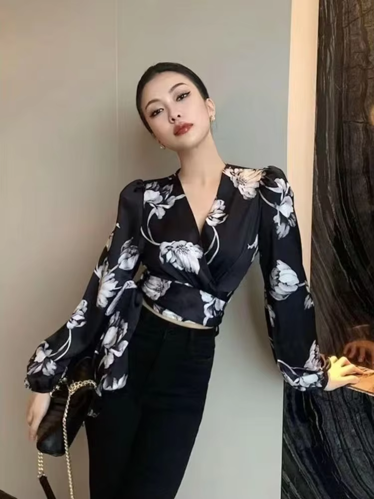 Chemisier femme assez et pas cher Sexy asymétrique Cool Floral beau haut à volants en mousseline de 