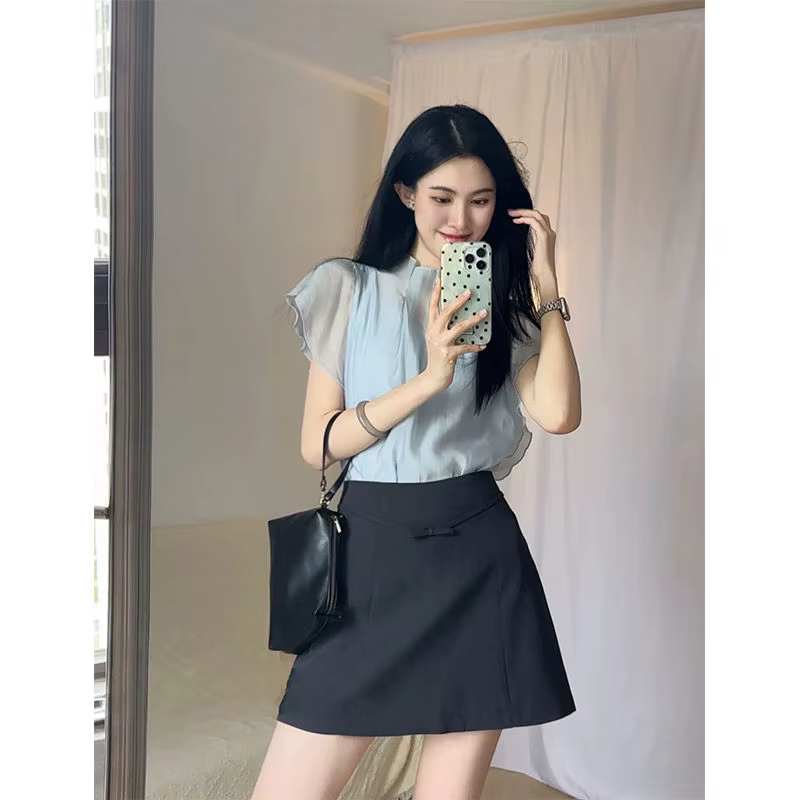 Élégant col mi-haut manches volantes en mousseline de soie chemise transparente Camisole t-shirt fem