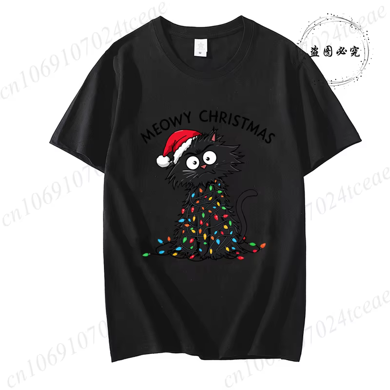 T-shirt graphique décontracté pour femmes – Imprimé de Noël Meowy, haut à manches courtes et col ron
