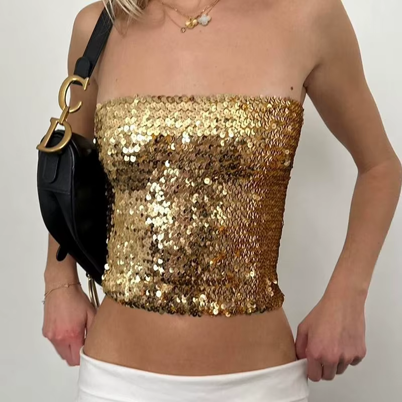 Débardeur de luxe à paillettes scintillantes, col en V, chemise sans manches brillante, gilet pour f