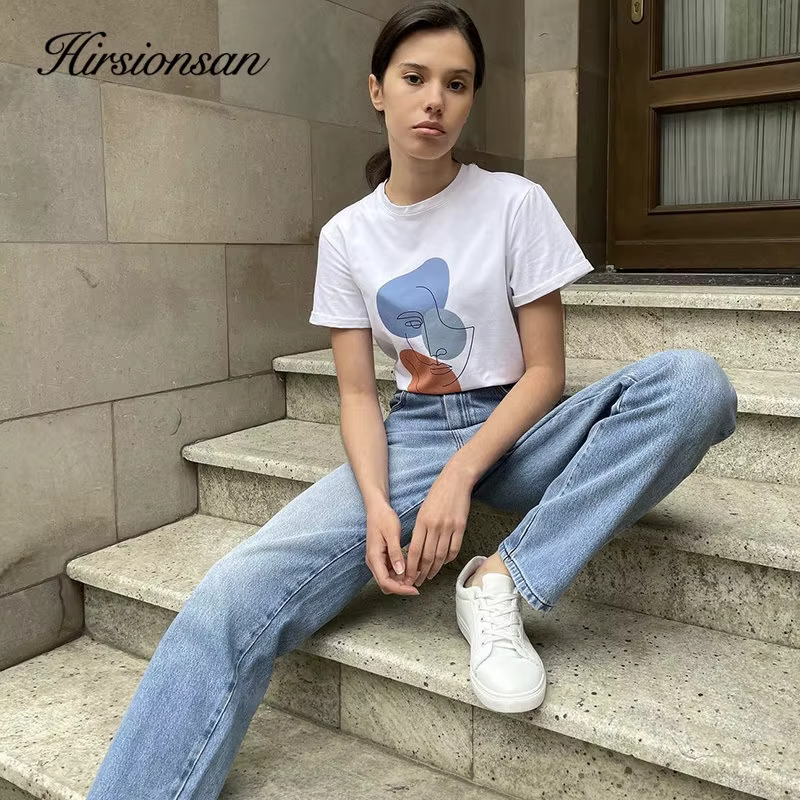 Hirsionsan – t-shirt col rond pour femme, estival et décontracté, avec impression abstraite, 100% co