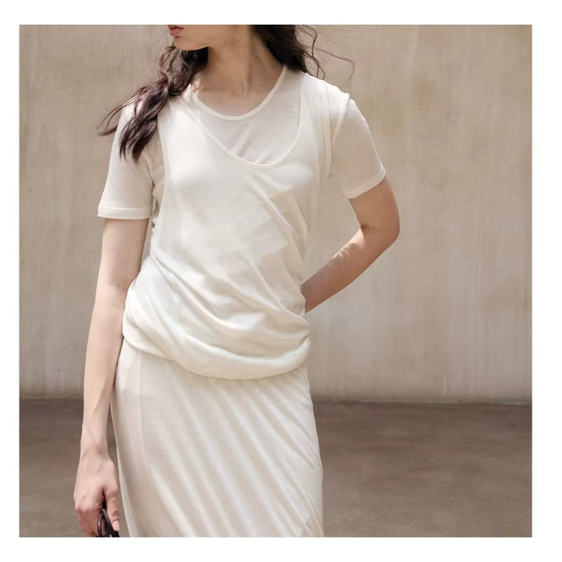 T-shirt à manches courtes pour femmes, avec faux ourlet torsadé irrégulier en deux pièces, en laine 