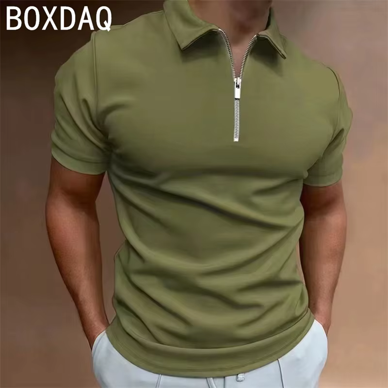Polo de couleur unie pour hommes, mode décontractée, manches courtes, revers, col zippé, Sport, été,