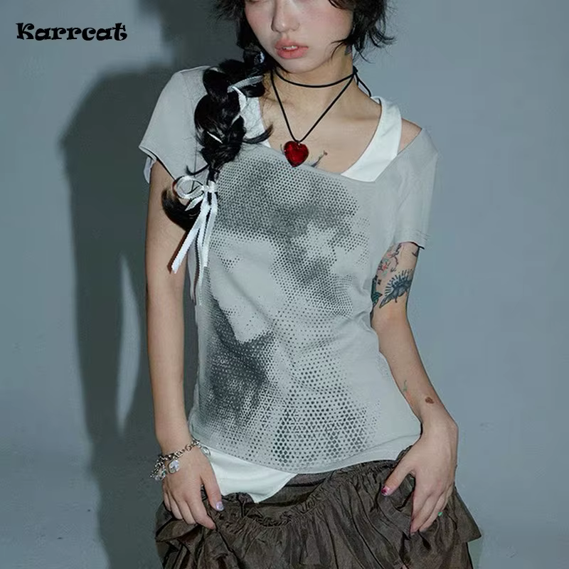 T-shirt à manches courtes patchwork vintage, faux deux pièces grunge, esthétique irrégulière, t-shir