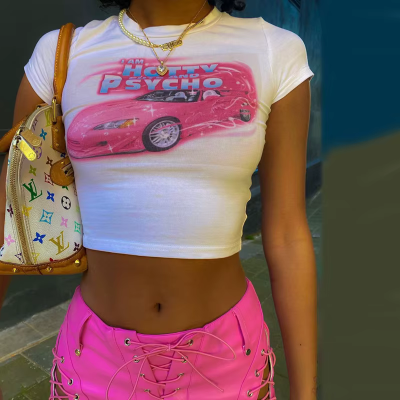 T-shirt manches courtes col rond femme, streetwear, blanc, skinny, imprimé mignon et psycho, Y2k, Ha