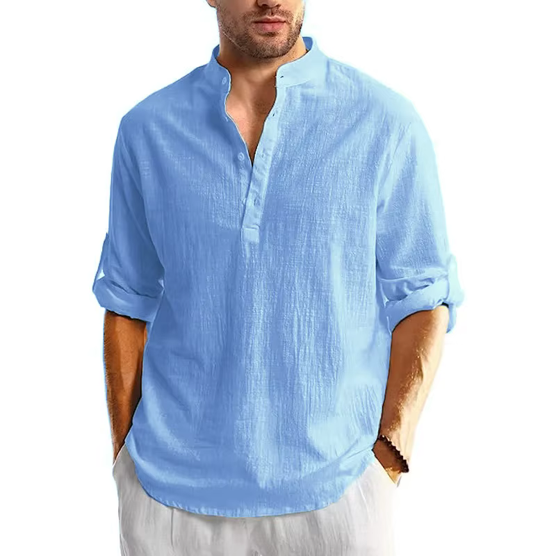 Nouveaux hommes lin coton t-shirts à manches longues boutonné chemises Henley plage chemises hawaïen