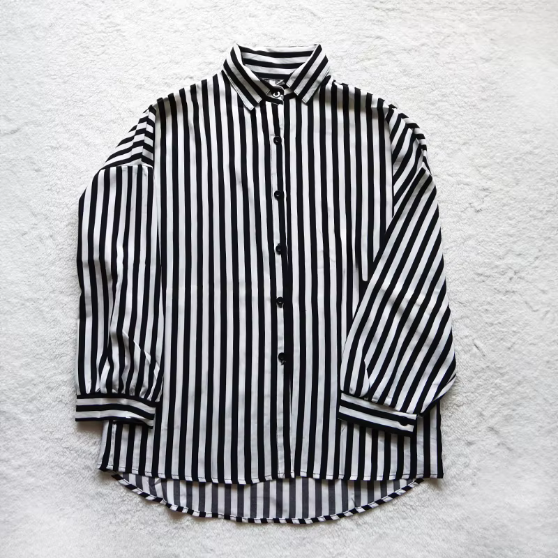Femmes chemise noir et blanc rayé boutonné à manches longues surdimensionné petit ami Blouse hauts b