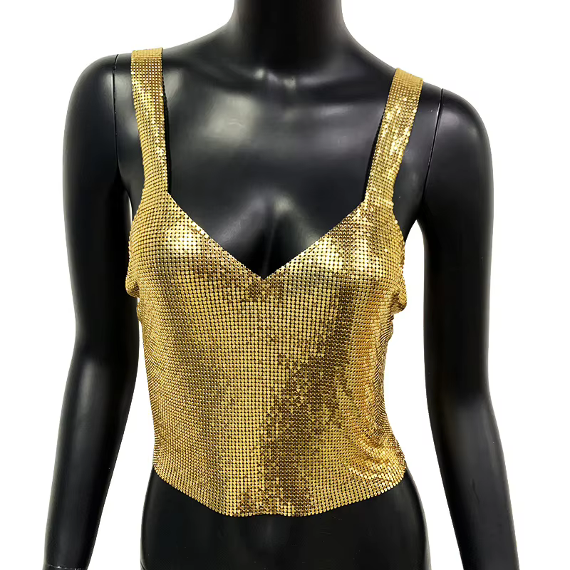 Bretelles sangle col en V dos nu débardeurs femmes Club tenue de fête été métal paillettes vacances