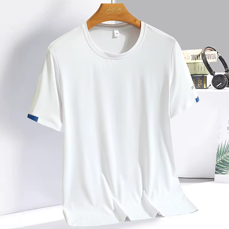 T-shirt d'été en soie glacée pour hommes, sweat-shirt col rond, Simple, costume de course, Fitness, 