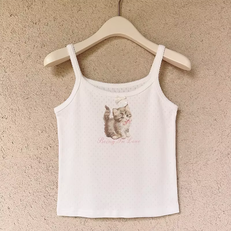 Camisole en coton avec nœud rose pour femme, haut court avec imprimé chat, style Lolita, vêtements K