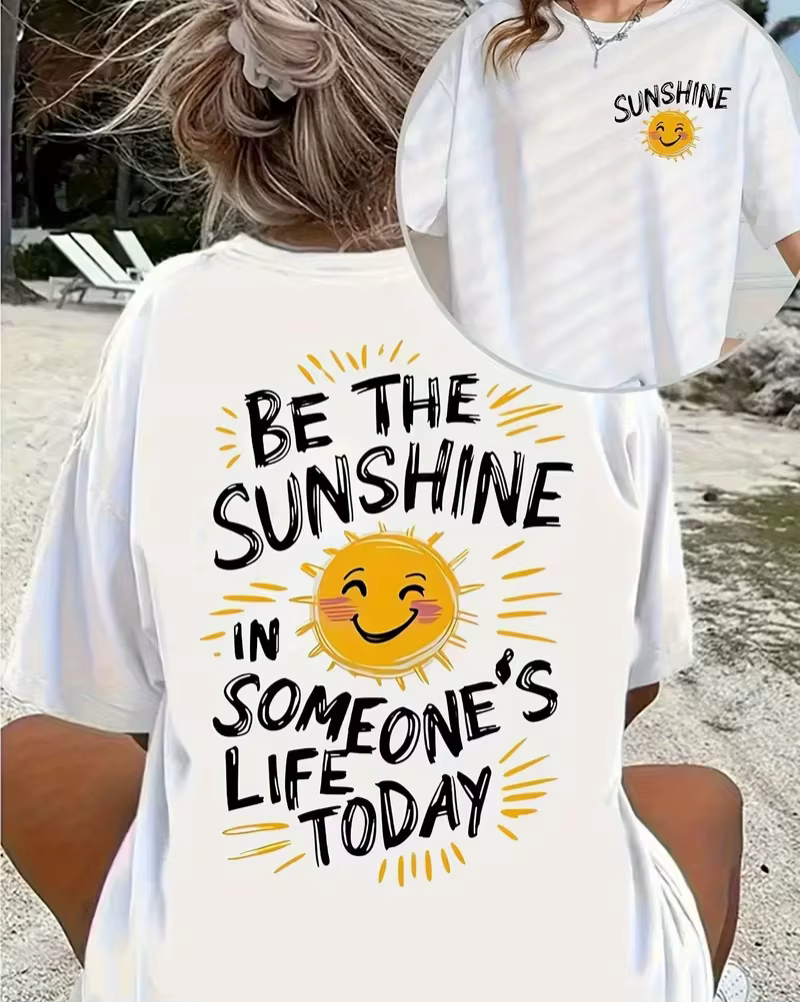 T-shirt imprimé Be The Sunshine pour femmes, haut à manches courtes avec citation positive, décontra
