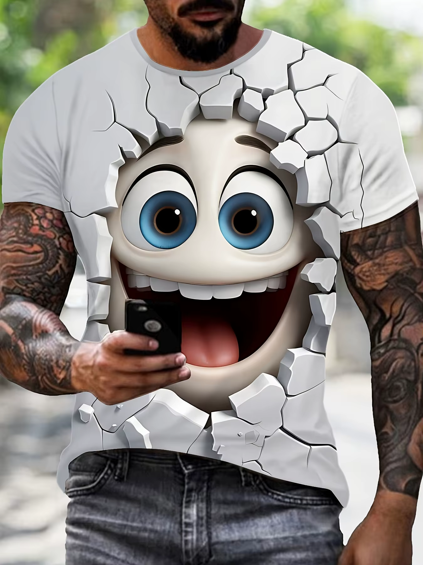 T-shirt pour homme, nouveau, imprimé en 3D avec un visage souriant, style hip-hop pour adultes, col 
