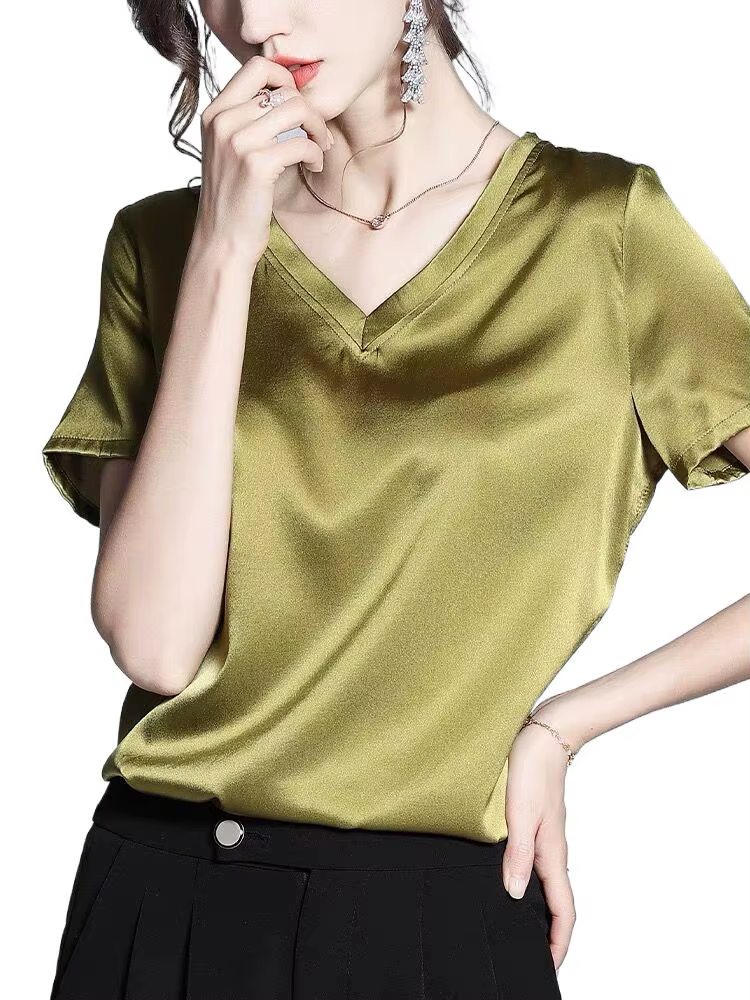 Ice InjT-T-shirt à manches courtes en satin acétate pour femme, haut ample et décontracté, chemise d