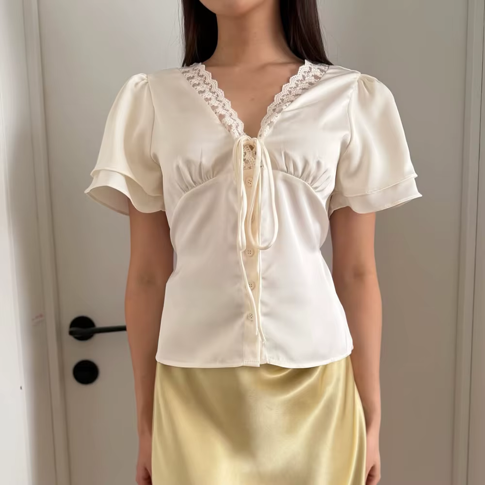 Tuularose élégant dentelle T-Shirt femme Sexy col en v dentelle Patchwork à lacets haut court été mo