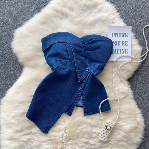 Y2K-Jean Crop Top Chic Sans Bretelles, Denim Précieux, Fente Irrégulière, Streetwear, Tube, Y-Cowboy