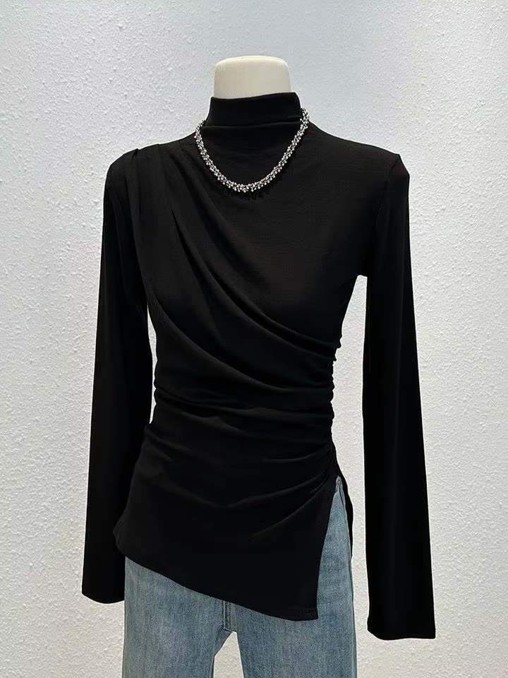 T-shirt à manches longues et col mi-haut pour femme, chemise intérieure élégante et Slim, à la mode,