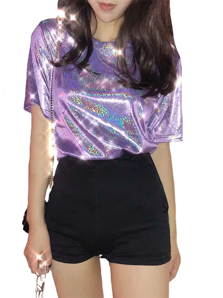 Été femme hauts brillant ample à manches courtes t-shirt sexy club esthétique harajuku femmes élégan