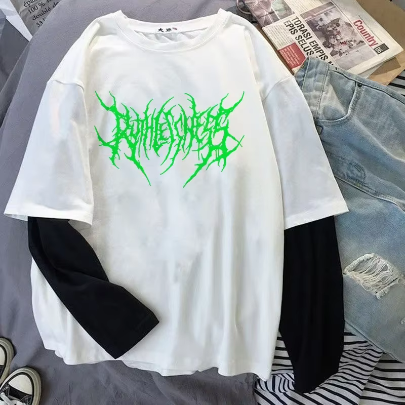 Mode Punk Style foncé imprimé col rond T-shirt Y2K Sport Harajuku mince femmes haut manches longues