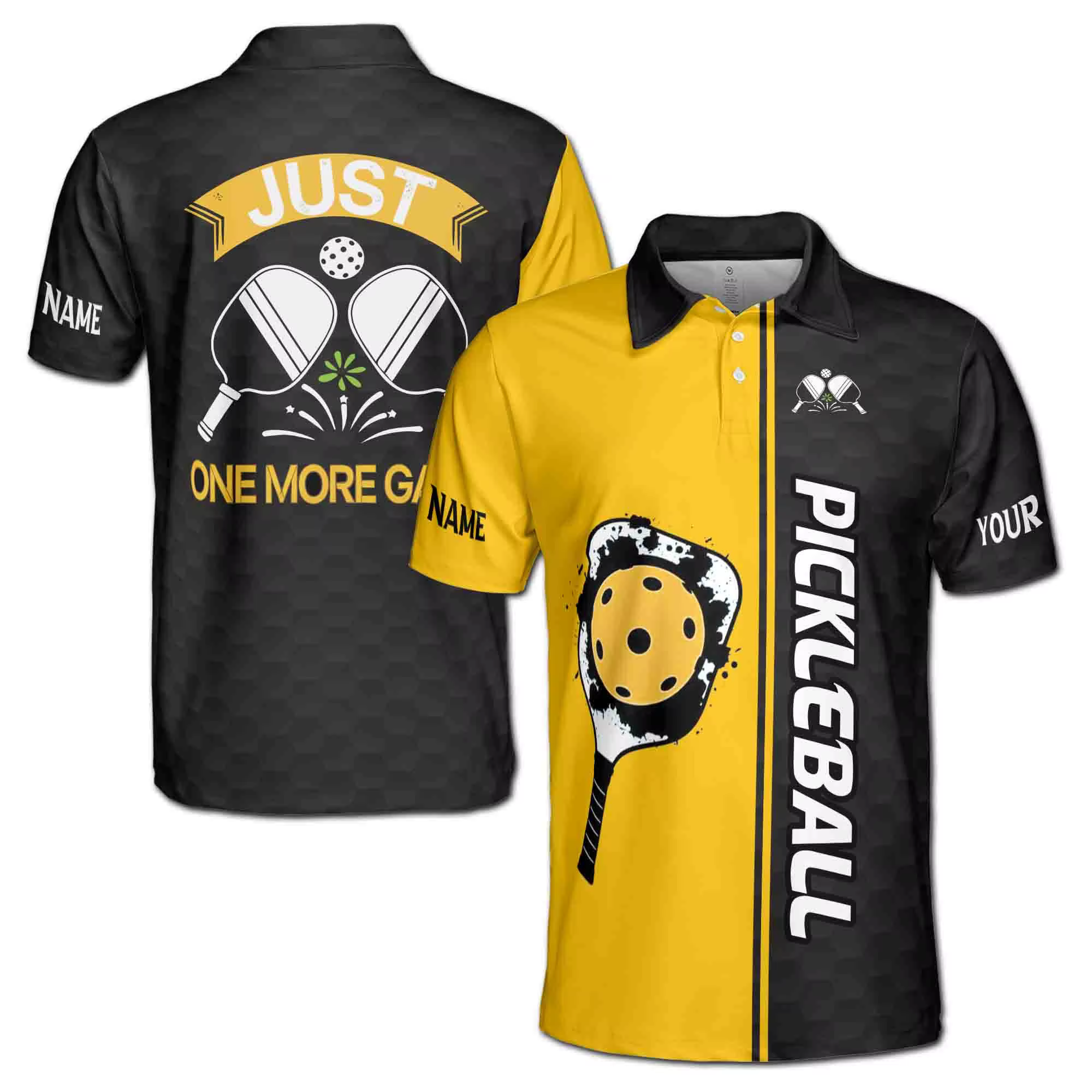 Polo de pickleball personnalisé avec nom, motif « Just One More Game », haut décontracté à manches c