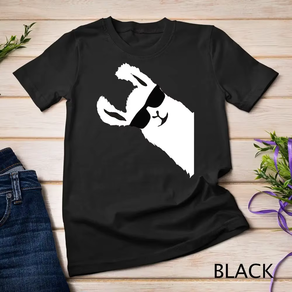 T-shirt à manches courtes imprimé dessin animé unisexe, Lama drôle, Alpaga avec lunettes de soleil,