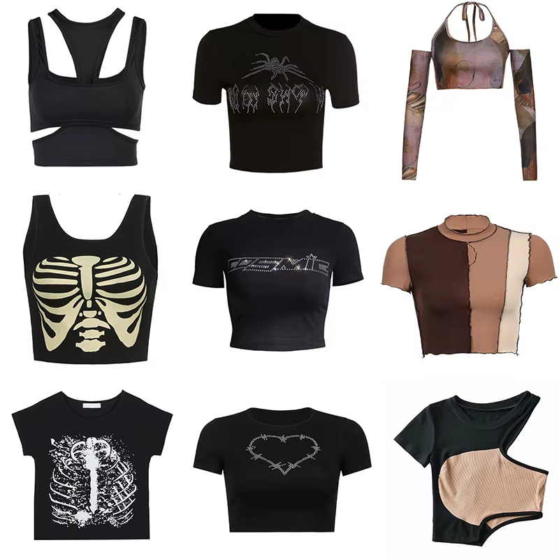 Y2k-T-shirt à Manches Courtes et Col Rond pour Femme, Vêtement d'Été Sexy, Punk, Vintage, Gothique, 