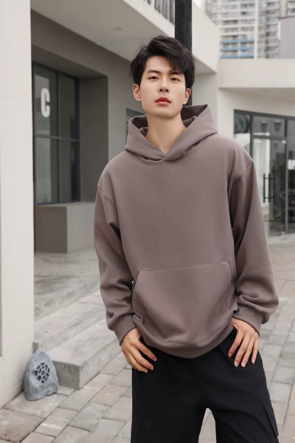 Sweat à capuche 100 % coton 480 g/m² pour homme, coupe ample, pull molletonné style urbain, printemp