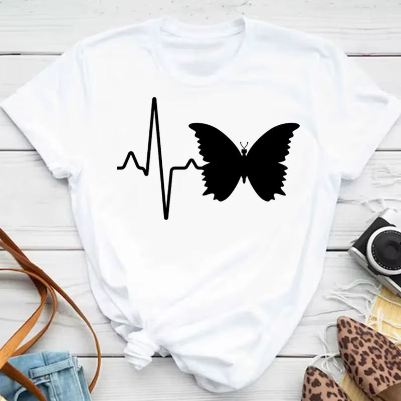 Nouvelle mode femmes T-shirt coloré papillon pétale imprimé à manches courtes et col rond mignon gra