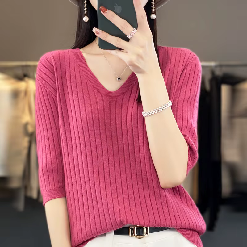 Pull femme printemps été manches courtes col en v chemise en tricot décontracté coréen pulls rayure 