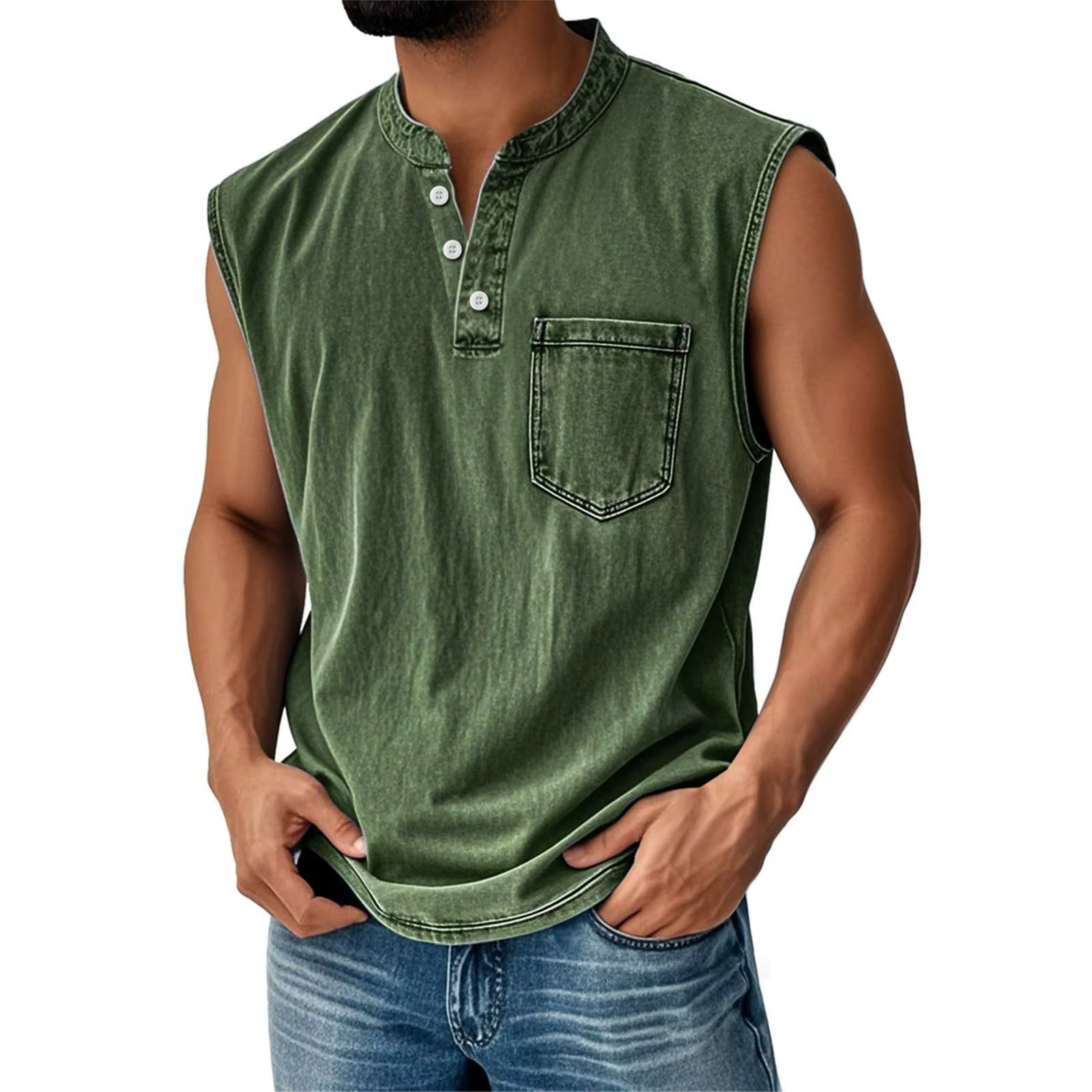 T-shirt sans manches vintage américain pour homme, coupe ajustée décontractée avec poche, idéal pour