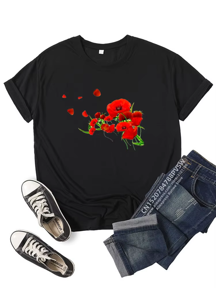 T-shirt imprimé drôle de fleurs rouges pour femmes, vêtements féminins Harajuku, tee-shirt années 90
