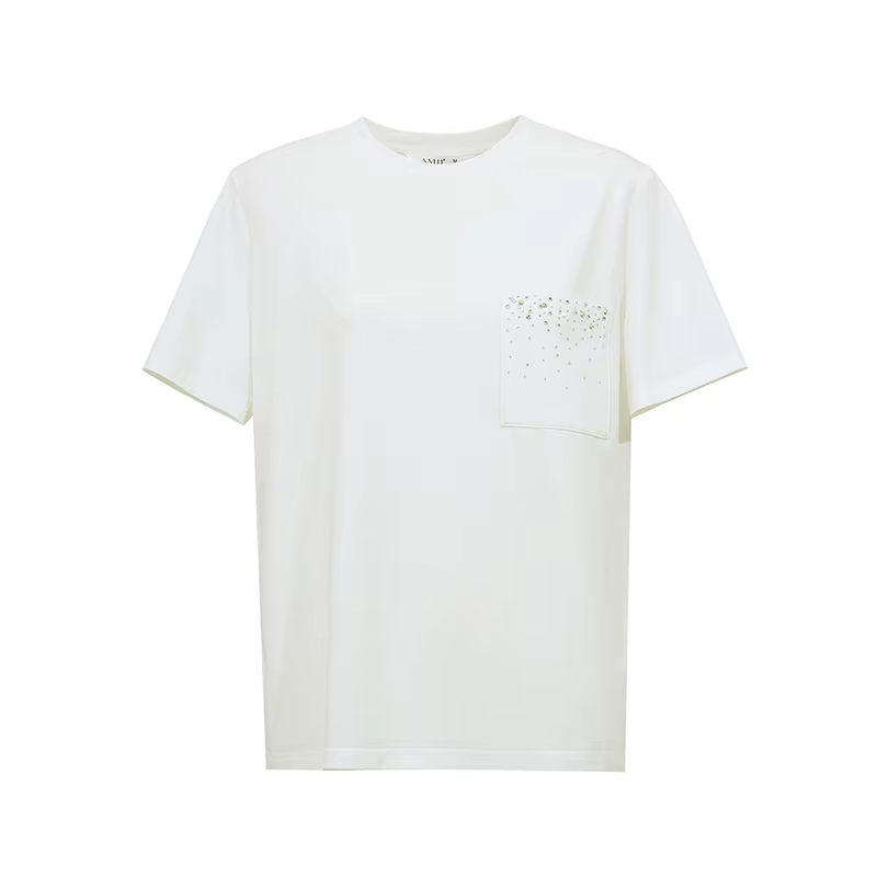 T-shirt Amii pour femme, nouvelle collection été 2026, col rond, en coton extensible, avec poche orn