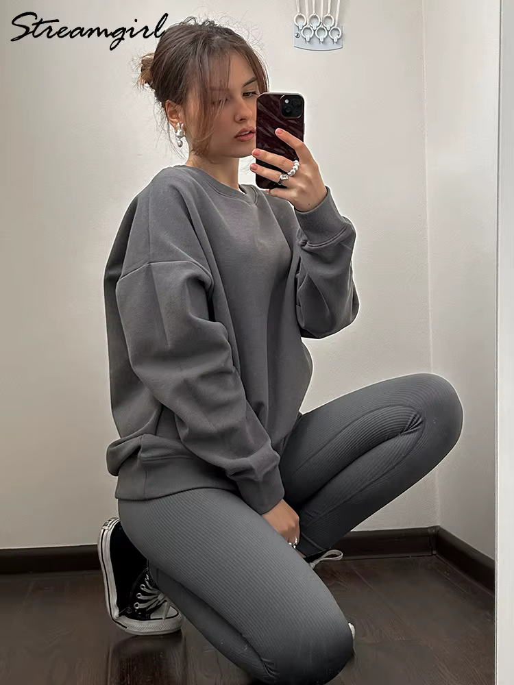 Sweat-shirt surdimensionné en coton pour femme, pull ample, rouge, col rond, chaud, surdimensionné,
