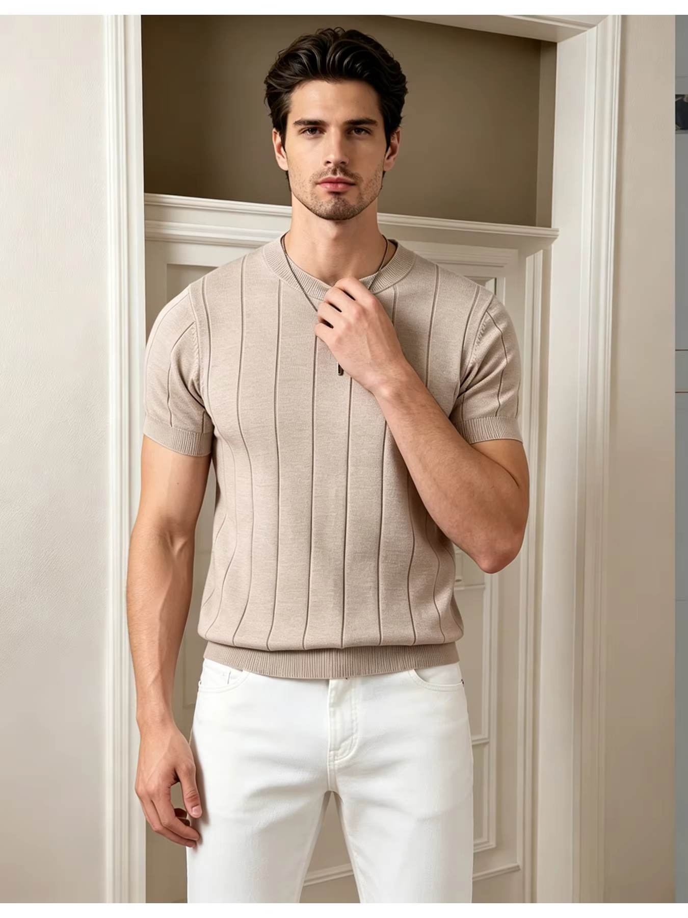 Polo à manches courtes en tricot côtelé pour homme | T-shirt à col rond uni coupe ajustée | Haut