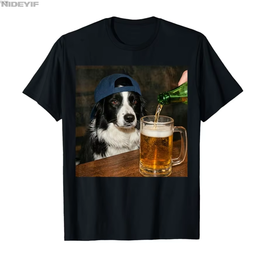 T-shirt à manches courtes pour hommes et femmes, 100% coton, avec image de chien drôle buvant de la