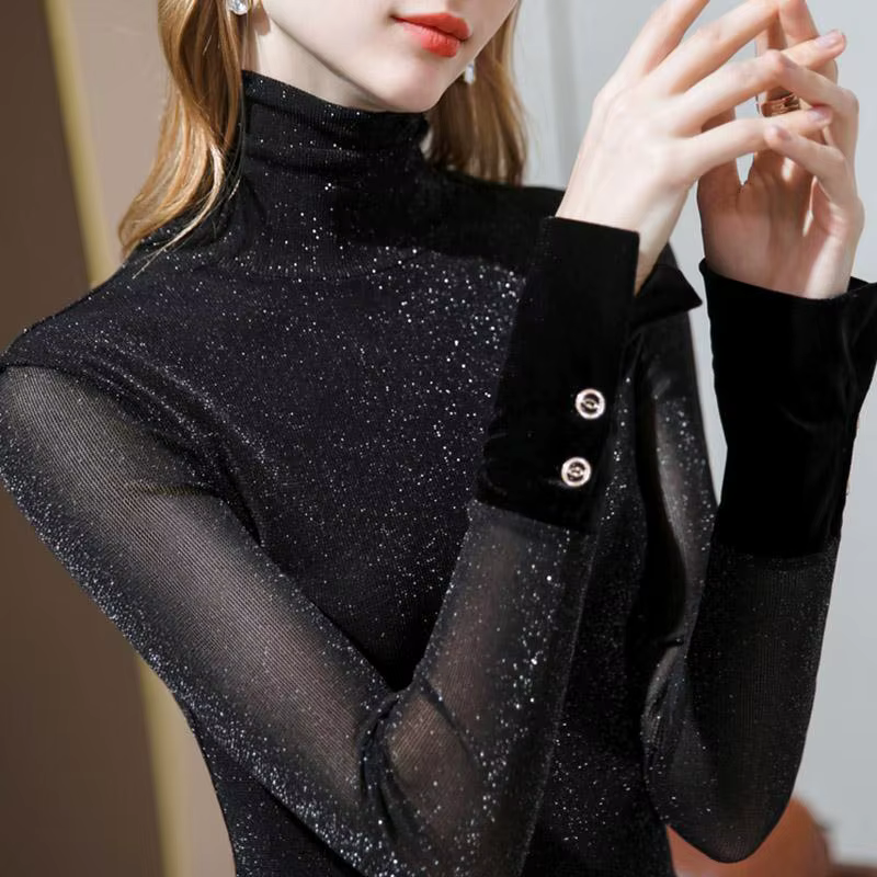 Femme T-shirt 2025 maille marron vêtements col roulé bleu T-shirt tendance belles femmes haut pour l