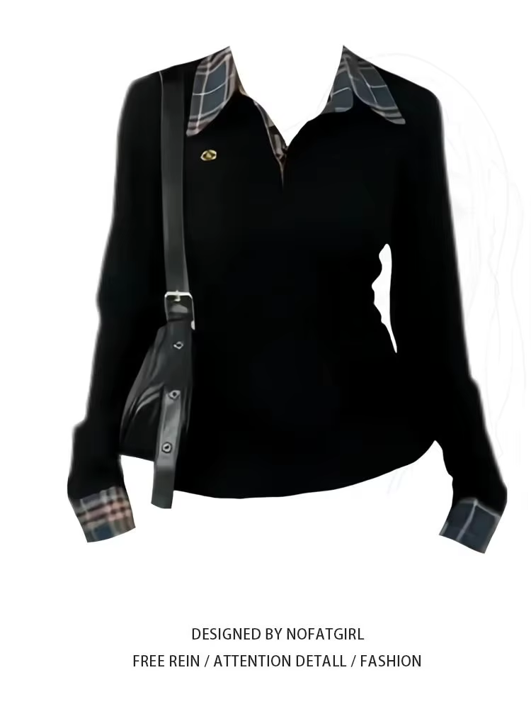 T-shirt à manches longues et col POLO américain pour femme, coupe cintrée, brodé, élégant, faux haut