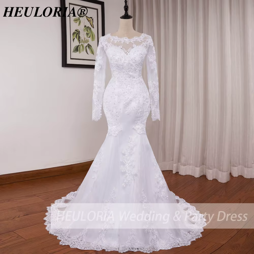 Robes de mariée sirène à manches longues col rond Robe de mariée blanche dentelle applique perles Ro