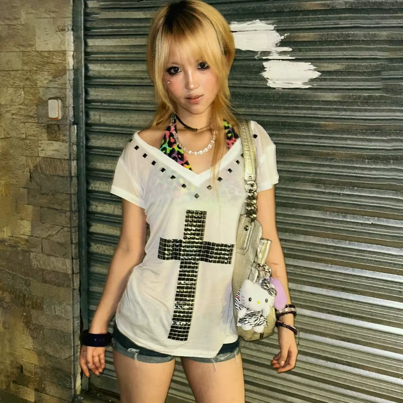 Karrram japonais Y2k métal croix imprimé T-shirt Vintage Harajuku manches courtes transparent hauts 