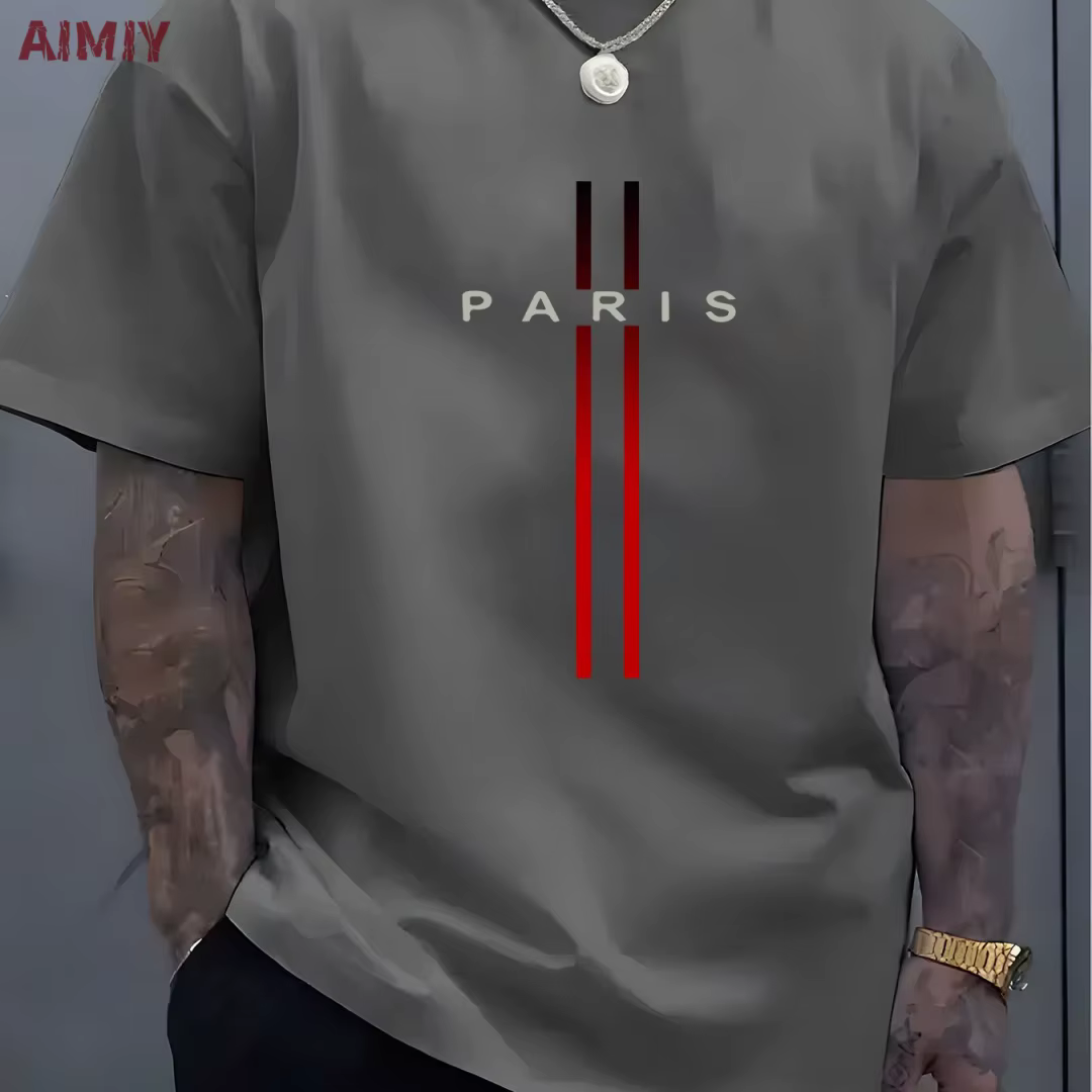 T-shirt à Manches Courtes et Col Rond pour Homme, Haut Décontracté, Imprimé de Lettres PARI, Été