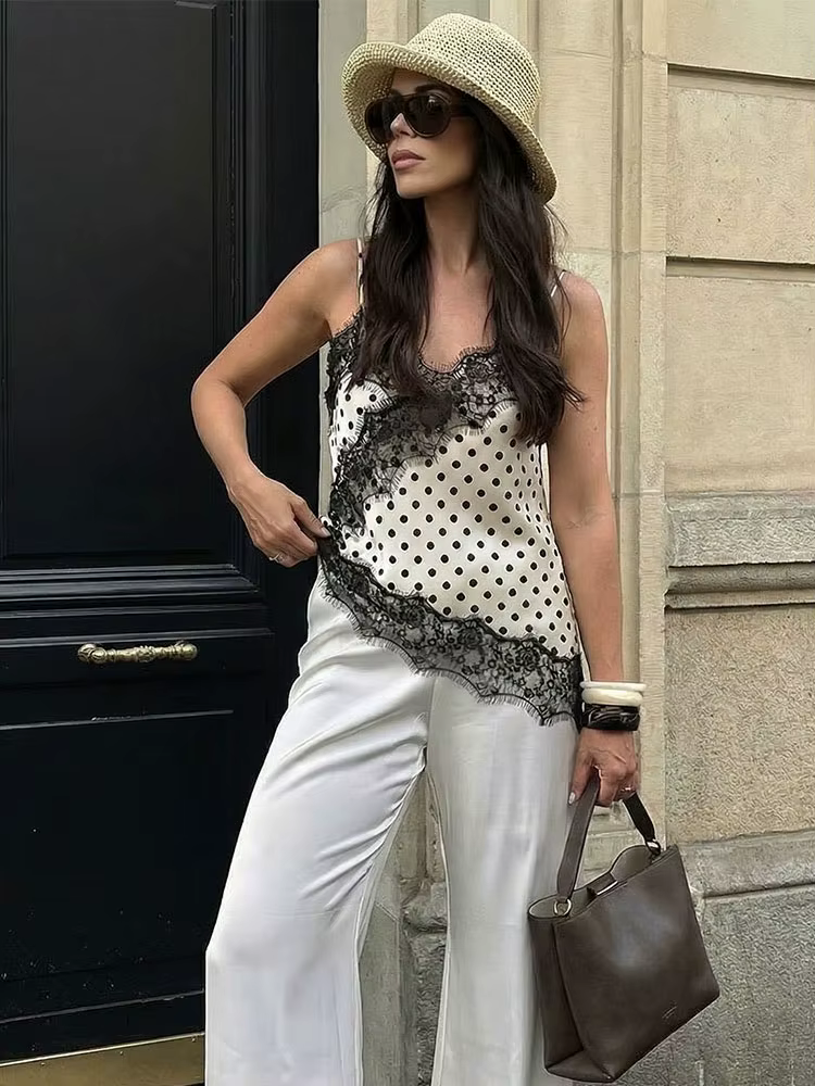HH Hauts Camisole Femme Tendance Chic à Pois avec Dentelle et Épaules Dénudées – Collection Été 2026