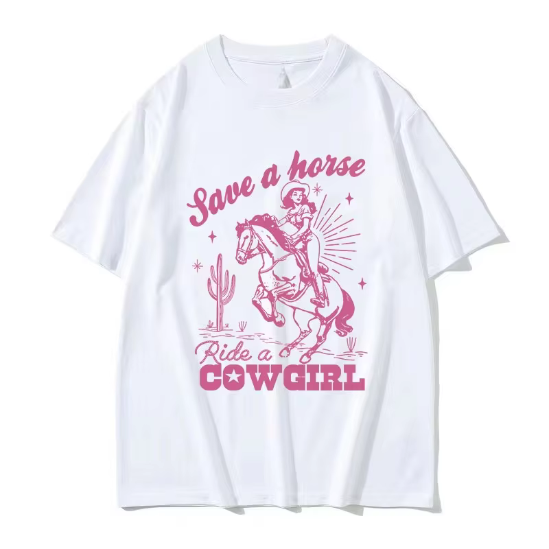 Save A Horse Ride A Cowgirl Imprimé T-shirt Hommes Femmes Rétro Esthétique Mode T-shirts Décontracté