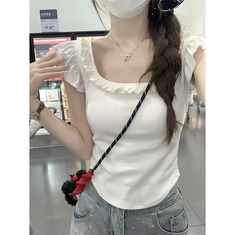 Blanc femme t-shirts col carré manches volantes tunique Camisetas 2025 Ropa Mujer été t-shirts volan