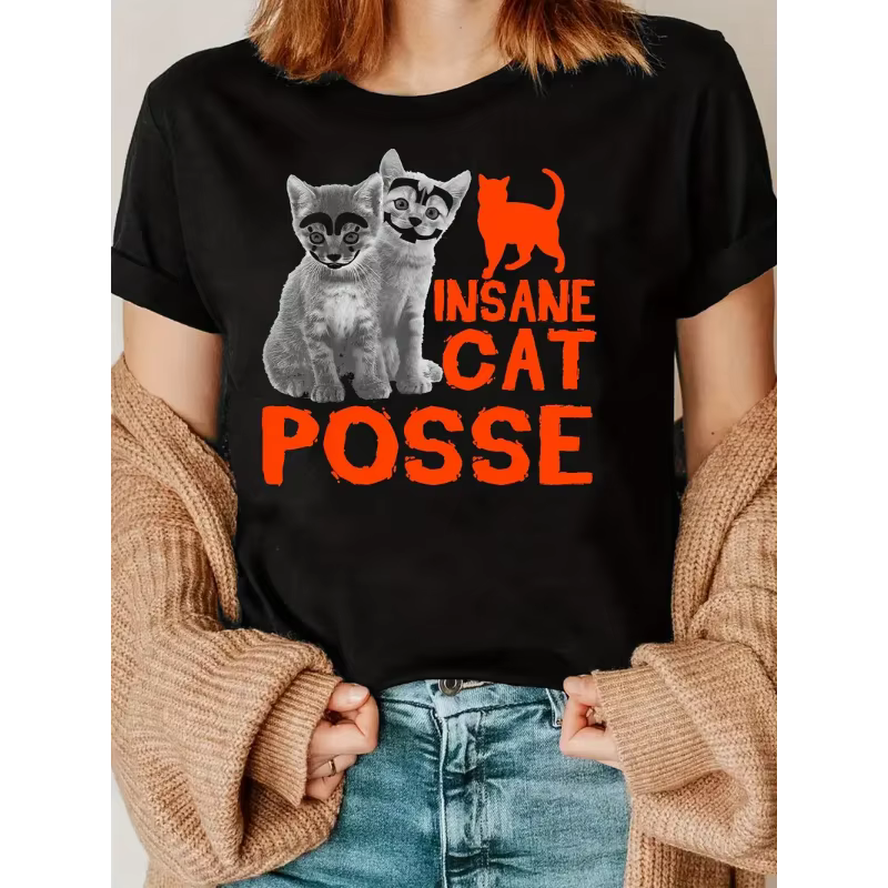 T-shirt à manches courtes en coton 100% pour femme, col rond, imprimé chat, tendance décontractée, h