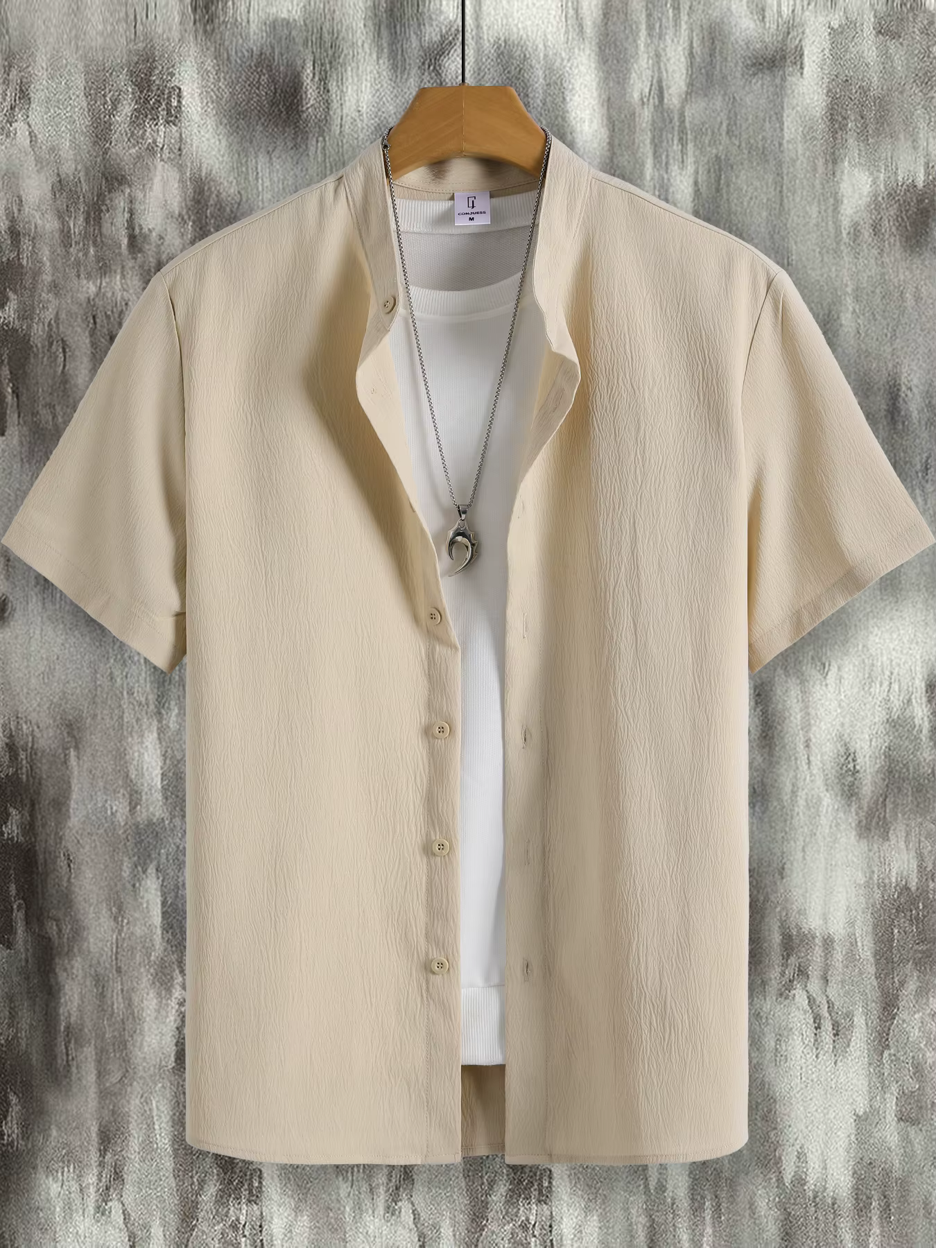 Chemise d'été décontractée et élégante pour homme, kaki texturée, à col montant et manches courtes, 