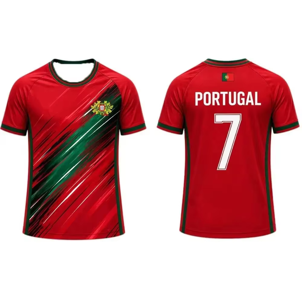 Maillot de supporter du Portugal 2026 – T-shirt à rayures imprimées style pinceau, modèle familial p